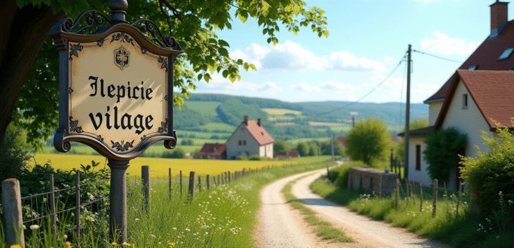 Panneau d'entrée d'un village rural en France ensoleillé