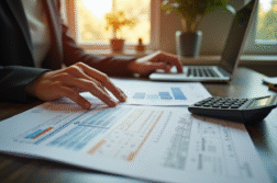 Personne dans un bureau moderne examinant des documents immobiliers