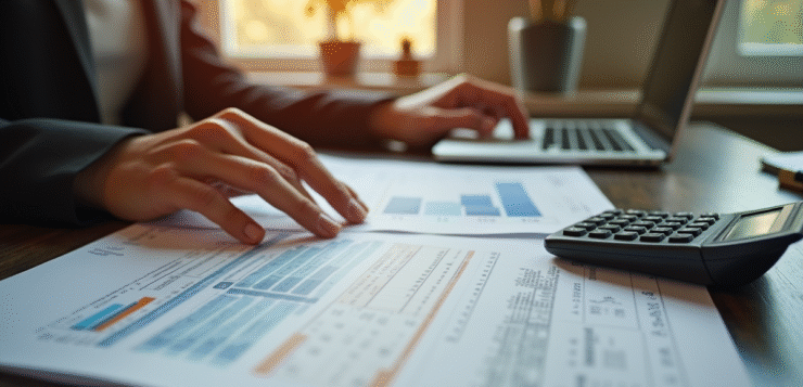 Personne dans un bureau moderne examinant des documents immobiliers