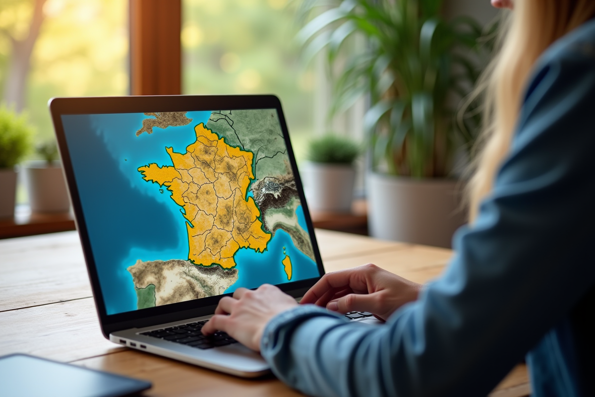 Personne utilisant un ordinateur portable avec une carte de France rurale