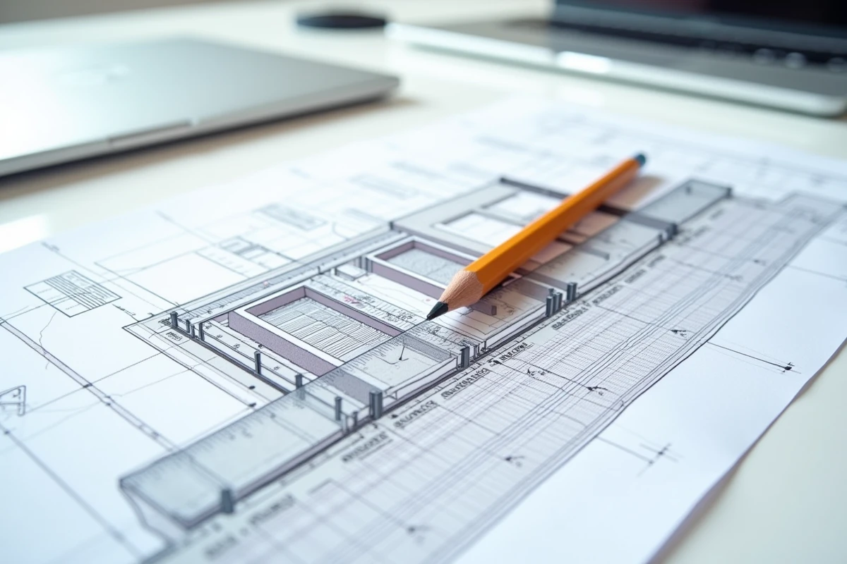 Plan en coupe technique détaillé du terrain et de la construction posé à plat sur un bureau moderne avec crayon et règle, vue de dessus
