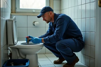 Plombier inspectant un robinet flotteur de chasse d'eau dans une salle de bain