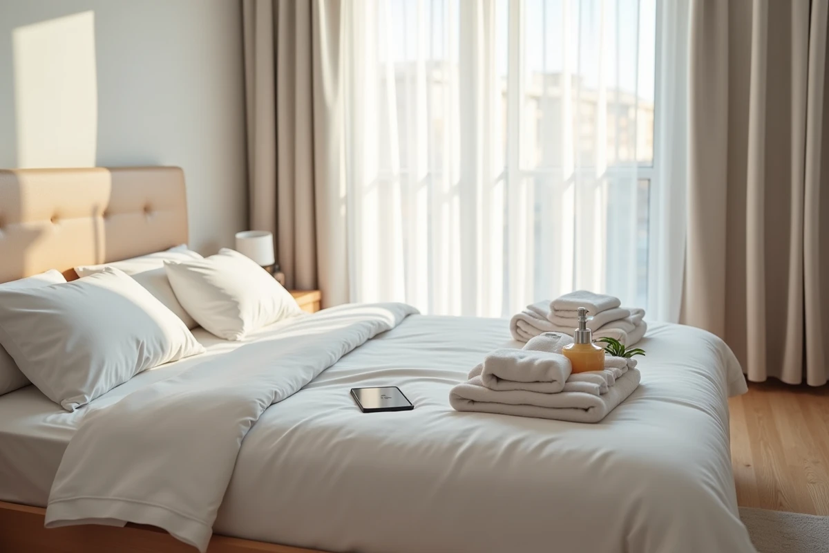 Chambre d'appartement Airbnb préparée pour des voyageurs avec serviettes pliées, panier d'accueil et smartphone affichant l'application hôte
