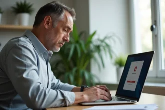 Homme frustré devant un ordinateur portable affichant une erreur de connexion à un espace client en ligne