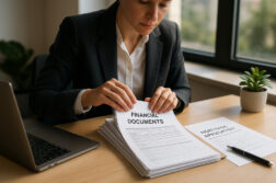 Professionnel bien habille organisant des documents financiers au bureau
