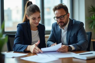 Deux professionnels examinent un contrat dans un bureau moderne