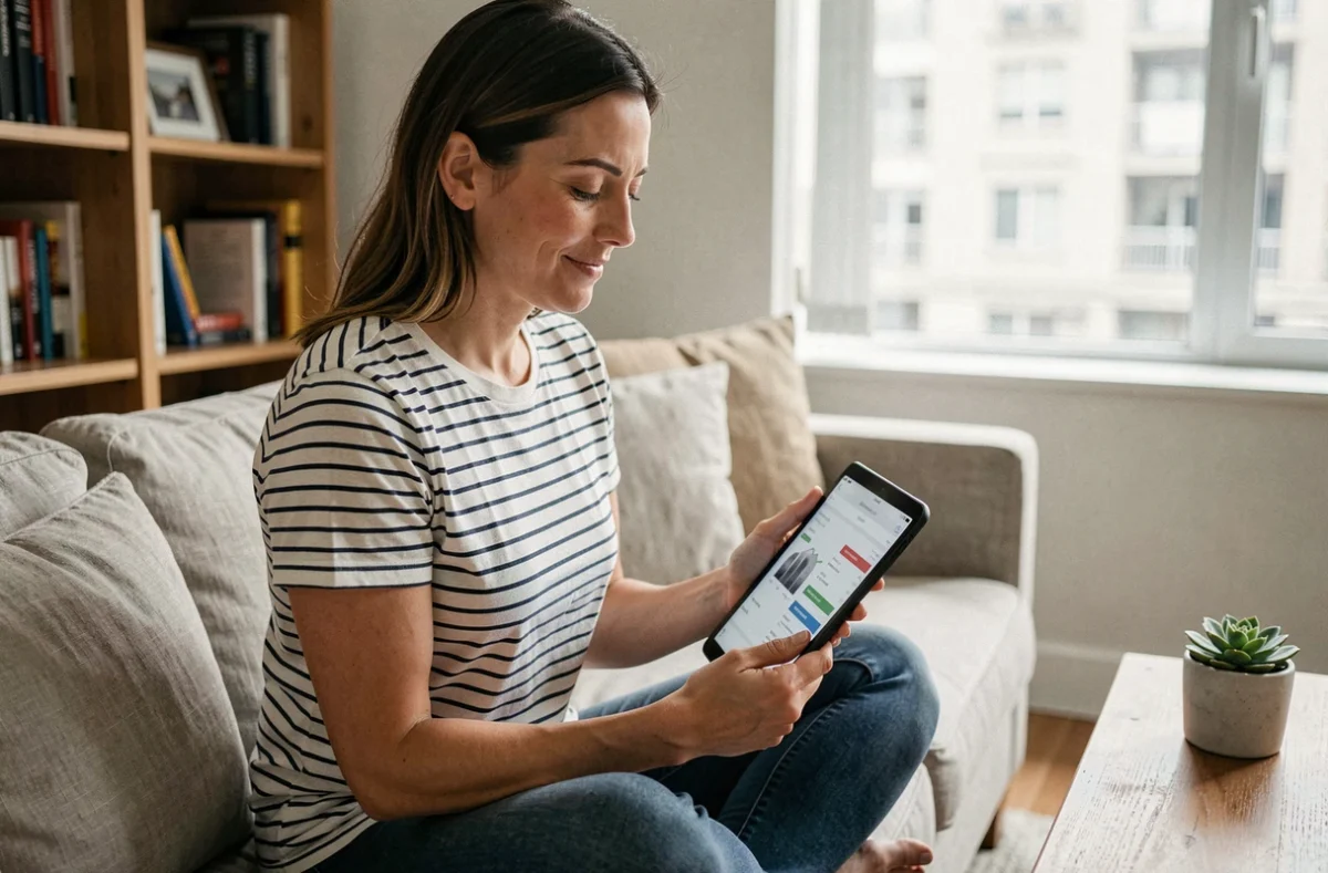 Propriétaire de location courte durée consultant des statistiques de réservation sur une tablette dans un appartement moderne