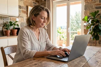 Propriétaire de location saisonnière utilisant un logiciel de gestion immobilière sur son ordinateur portable dans un appartement de vacances décoré avec goût