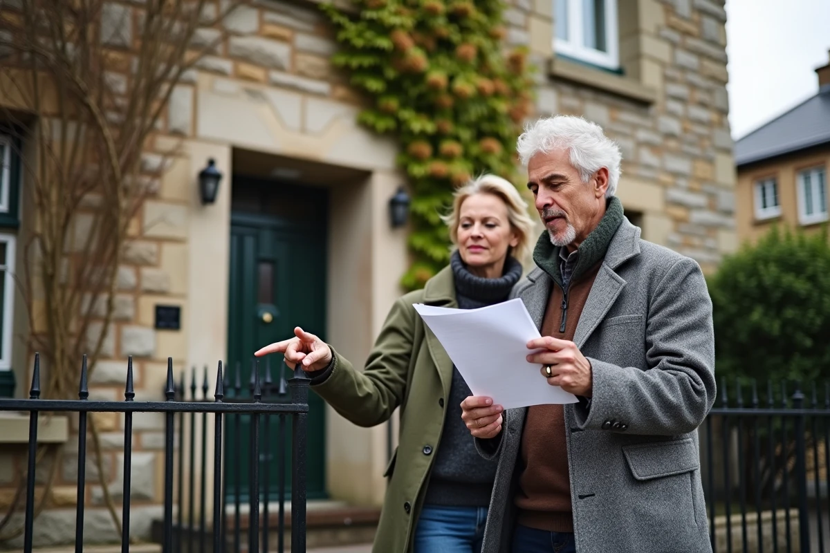 Couple de propriétaires consultant un document devant un immeuble à vendre, dans le cadre d'un congé pour vente immobilière selon l'article 15 de la loi du 6 juillet 1989