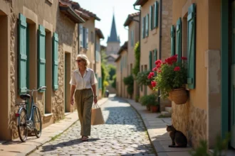 Rue calme pavée de Bergerac avec maisons en pierre du Périgord et femme se promenant dans un quartier résidentiel tranquille