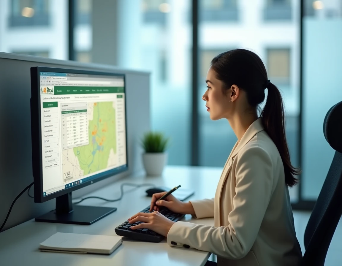 Femme recherchant le propriétaire d'une parcelle sur un site officiel du cadastre en ligne