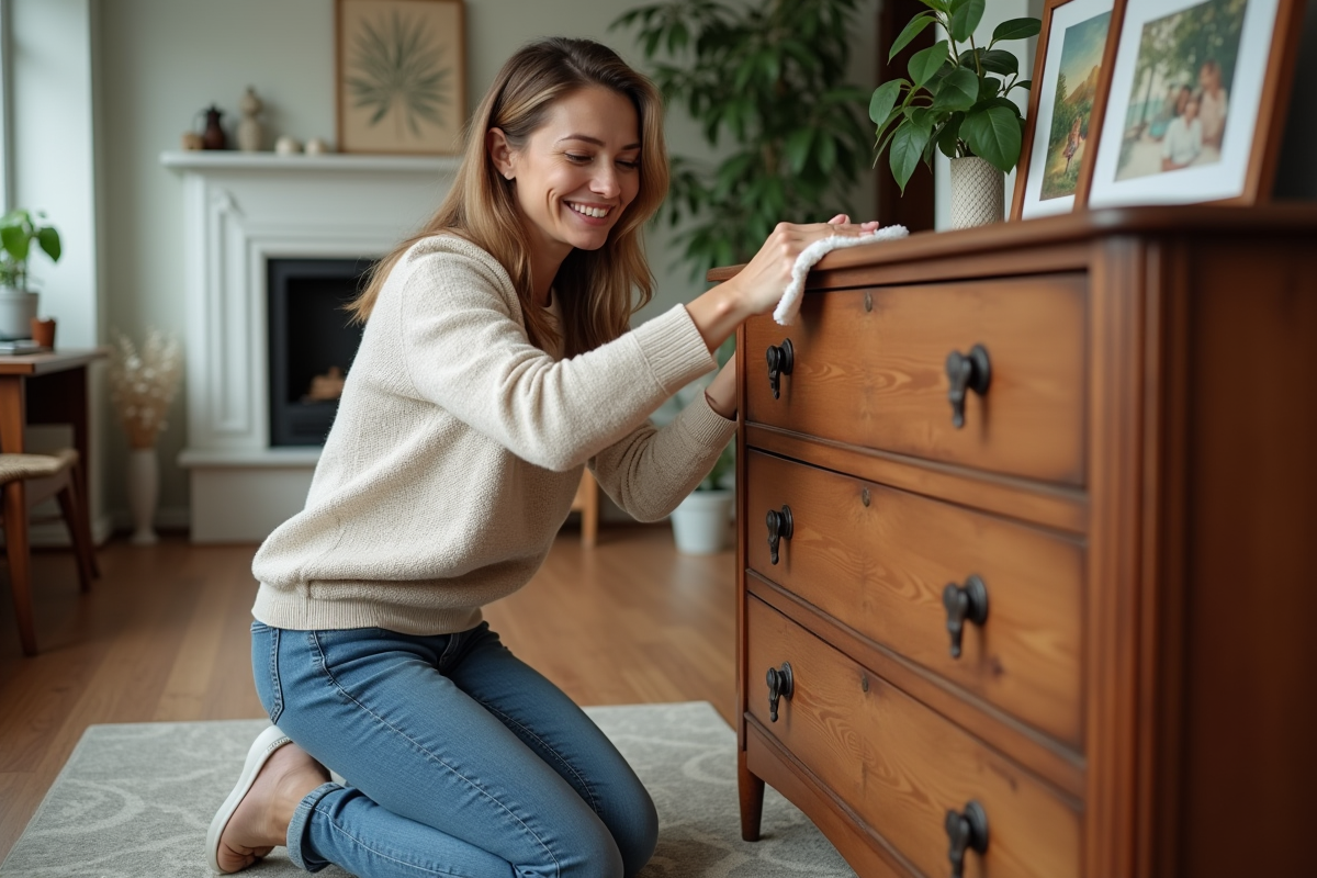 Femme d'âge moyen polissant un meuble en bois vintage