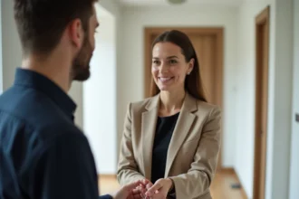 Remise de clés entre propriétaire et locataire lors d'un état des lieux de sortie dans un couloir résidentiel