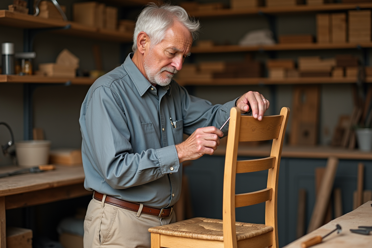 Homme âgé réparant une chaise en bois dans un atelier