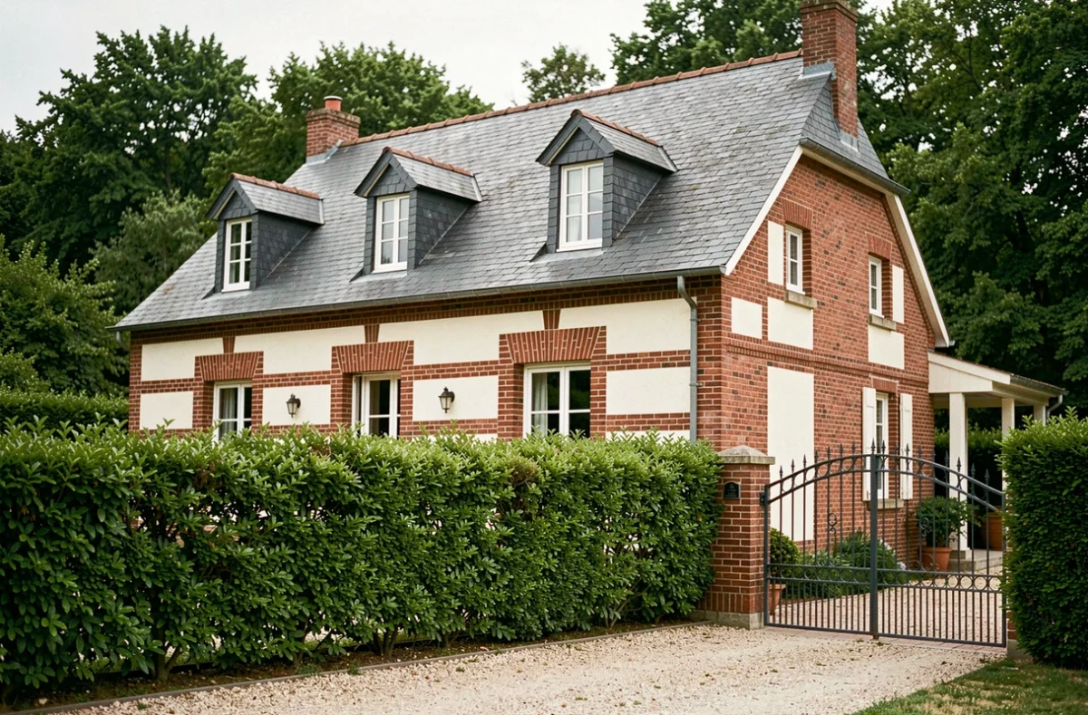Maison de style classique construite par Résidences Picardes Occitanie dans le Gers, avec façade en brique rouge et enduit crème