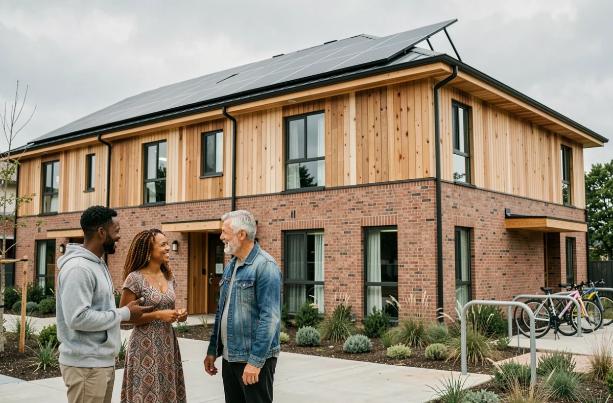 Résidents d'un immeuble de logements durables en façade bois et brique recyclée discutant en extérieur