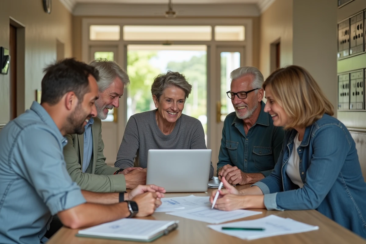 Groupe de résidents travaillant dans le hall d