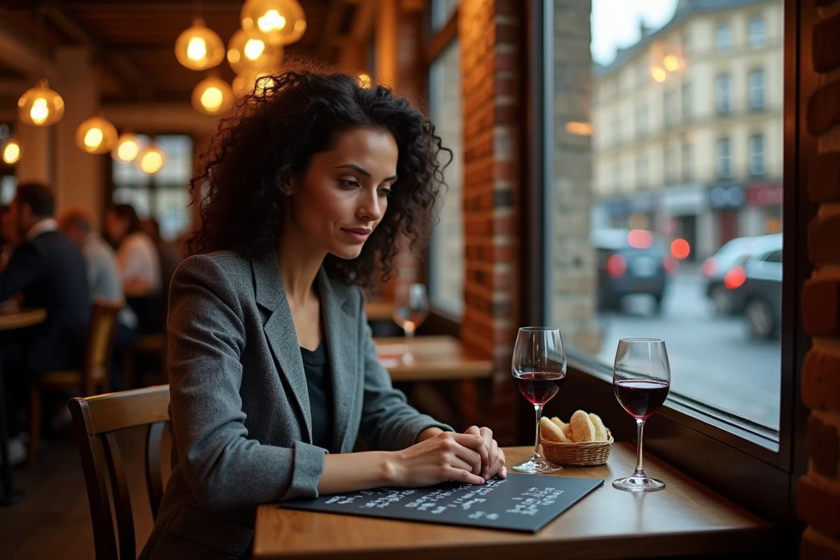 Femme attablée dans une brasserie restaurant de l'île Verte Grenoble en soirée, carte ardoise et verre de vin rouge, décor intérieur en brique