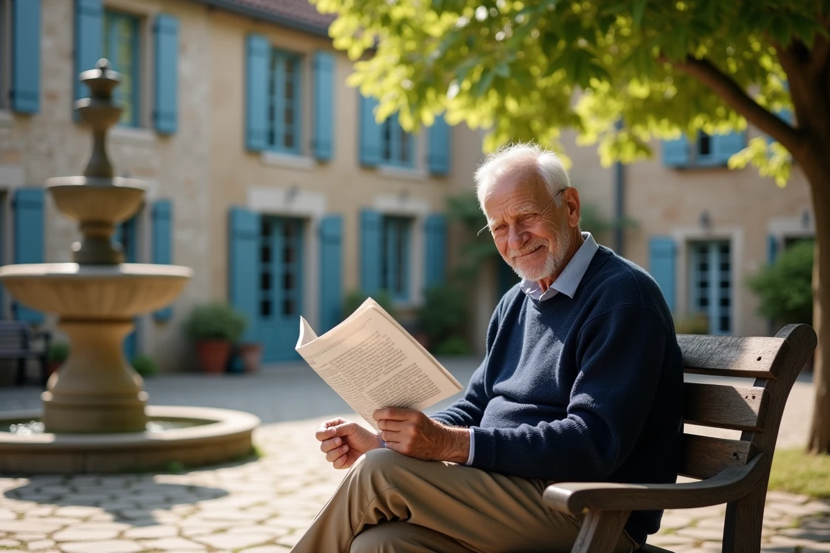Homme retraité sur une place de village typique de Seine-Maritime illustrant la vie tranquille en location dans une petite commune normande