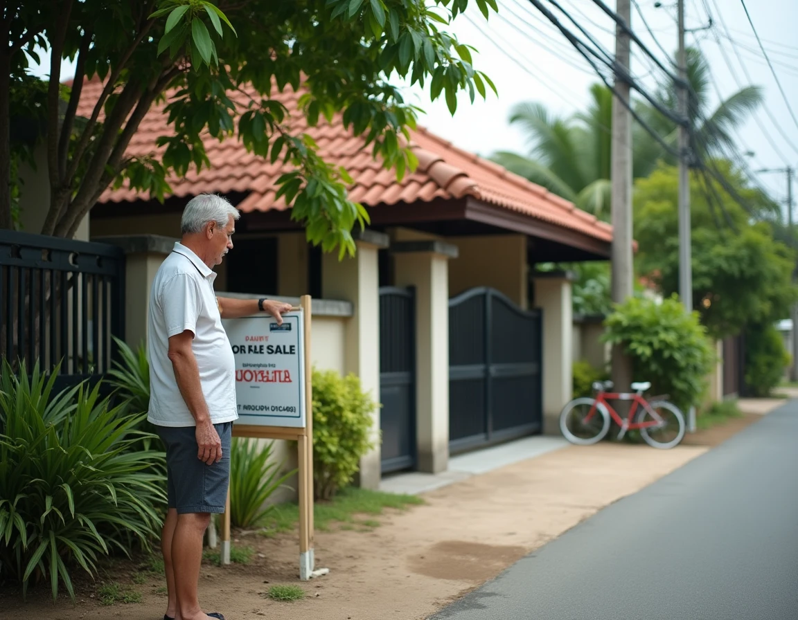 Retraité occidental inspectant une maison thaïlandaise à vendre dans un quartier résidentiel calme en Thaïlande