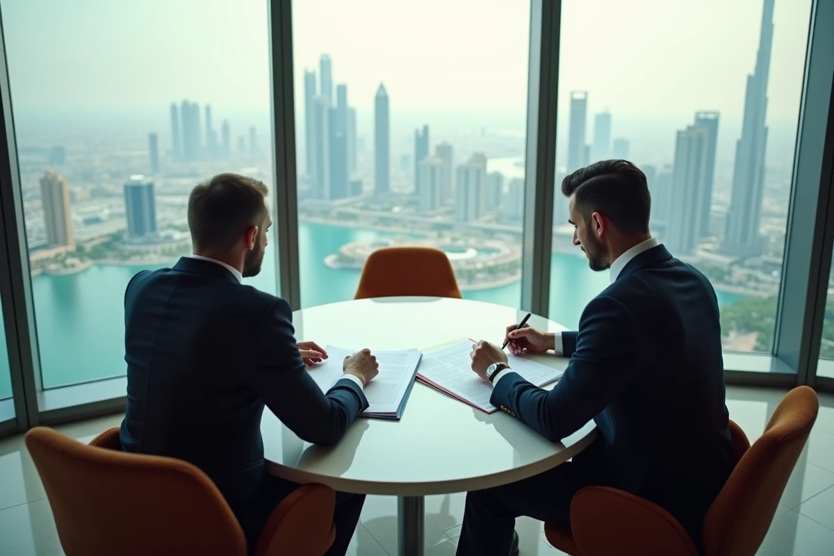 Réunion d'affaires professionnelle dans un bureau en hauteur de l'Almas Tower avec vue panoramique sur JLT