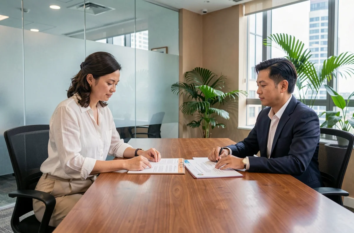Conseillère fiscale thaïlandaise et investisseuse française discutant de la fiscalité d'un appartement en Thaïlande