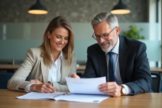 Couple d'adultes en réunion immobiliere dans un bureau moderne