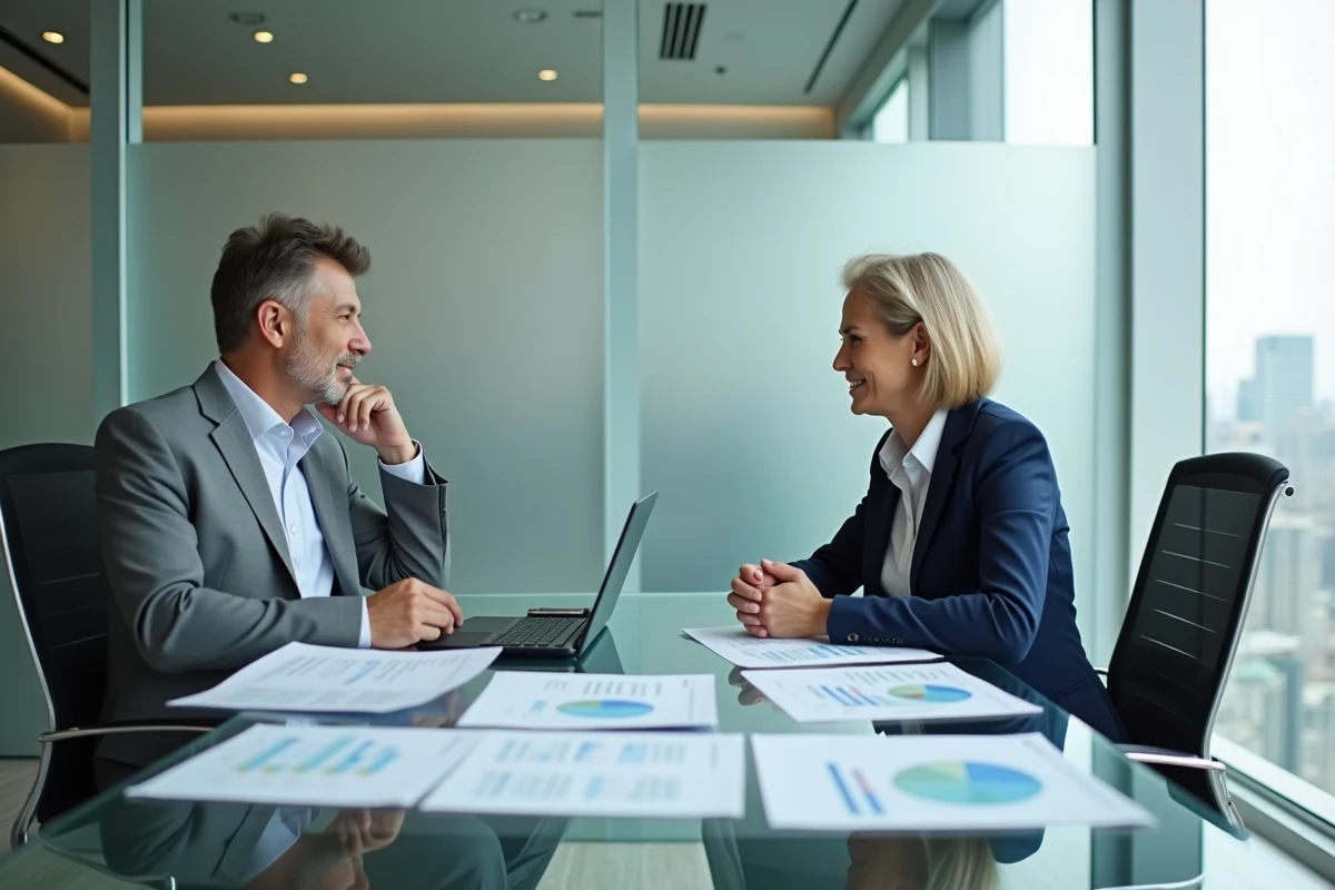 Deux professionnels discutant d'un investissement locatif autour de tableaux financiers dans un bureau d'agence immobilière moderne