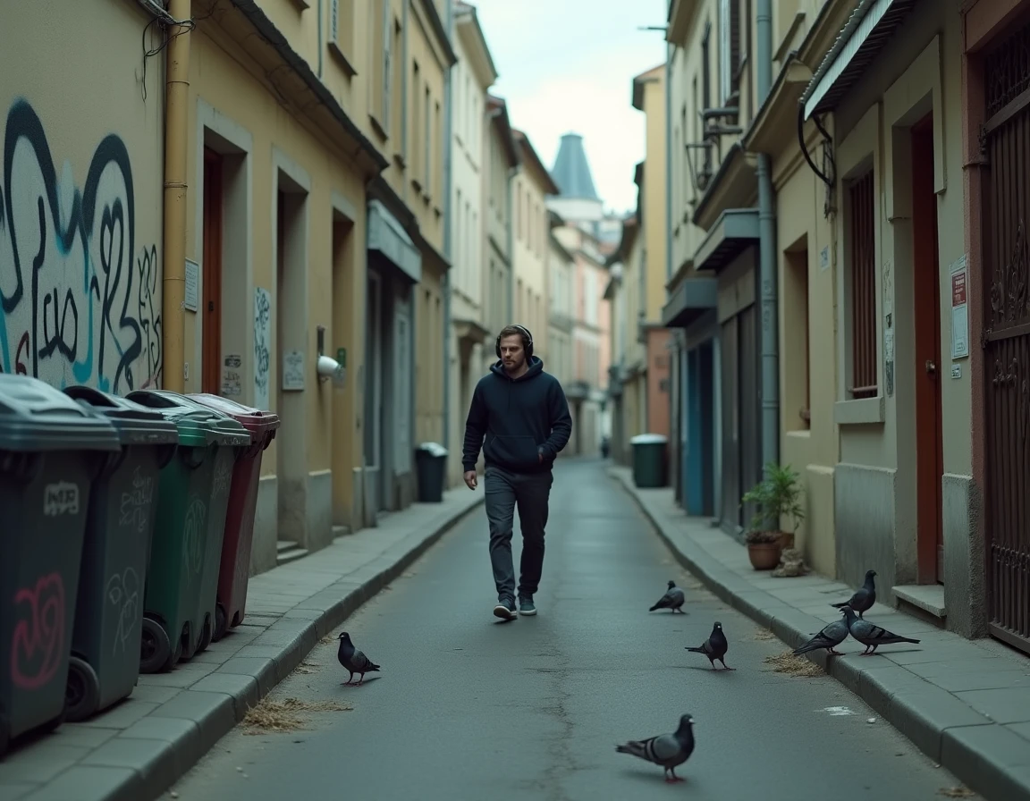 Rue urbaine dégradée d'un quartier de Chambéry avec tags et poubelles débordantes