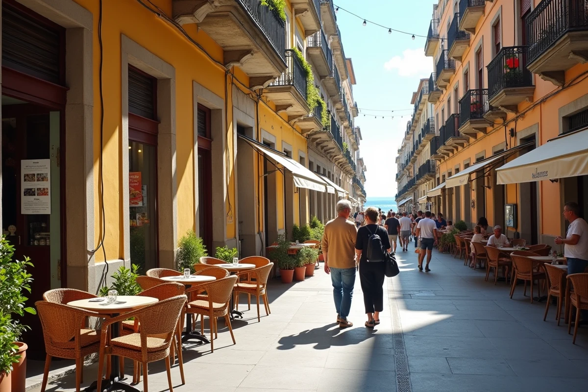 Rue animée du quartier côtier de Barcelone avec immeubles d'appartements à louer et accès à la plage