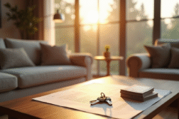 Salon moderne avec documents d'assurance et clés