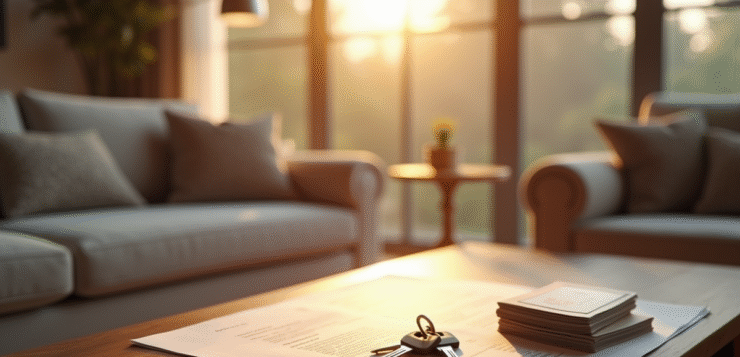 Salon moderne avec documents d'assurance et clés