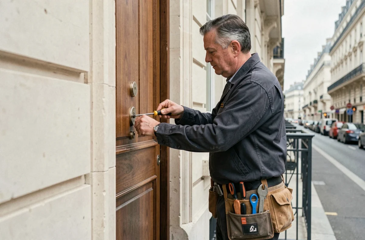Serrurier installant une nouvelle serrure sur la porte d'entrée d'un immeuble parisien lors d'un litige locatif