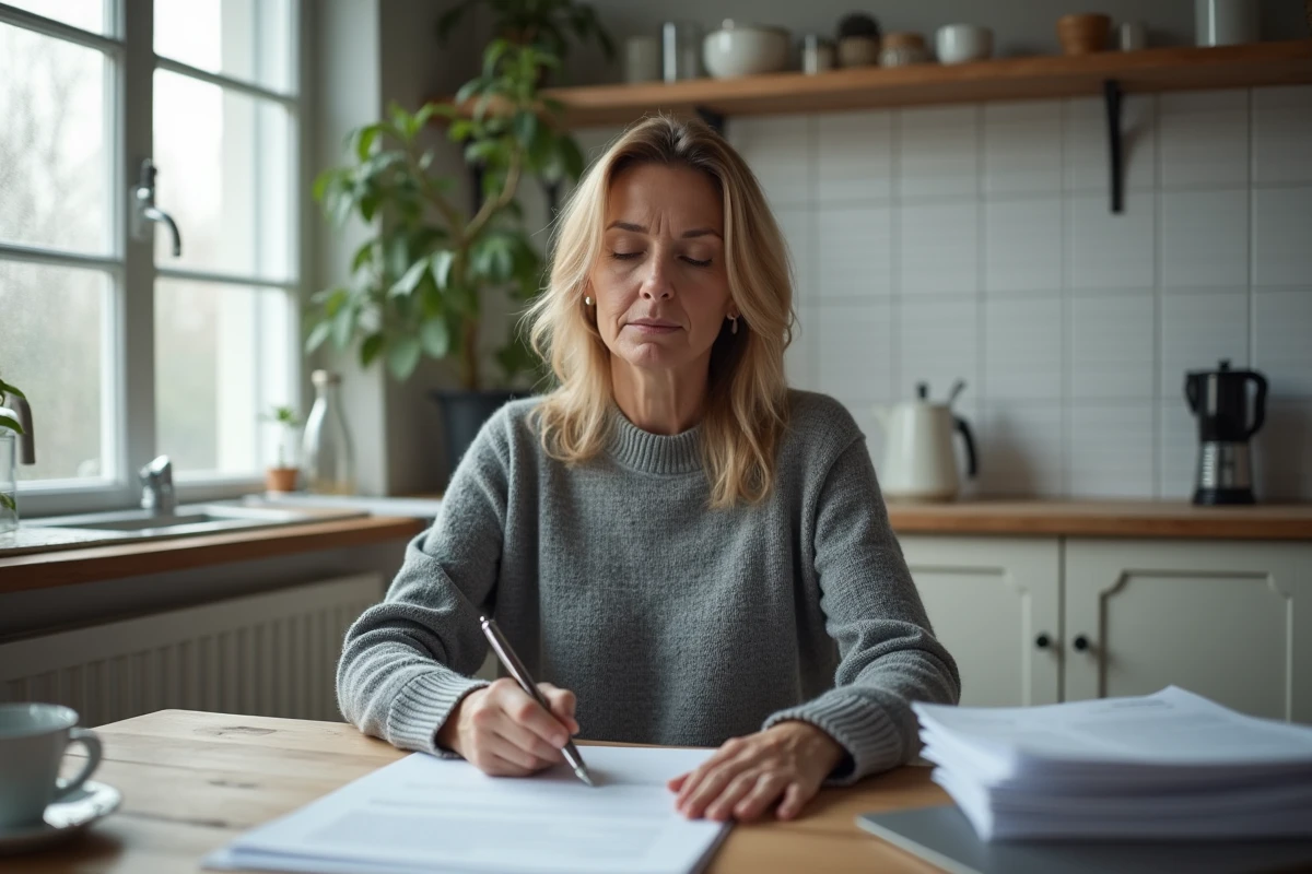 Femme signant seule des documents notariés pour la vente de maison dans le cadre d'un divorce