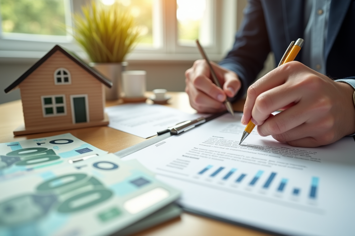 Main signant un contrat de prêt immobilier avec des billets et une maison miniature