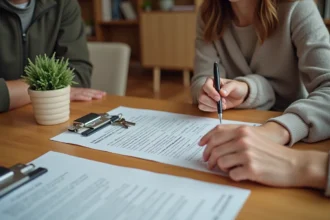 Couple signant un contrat de location meublée en résidence principale autour d'une table avec des documents et des clés