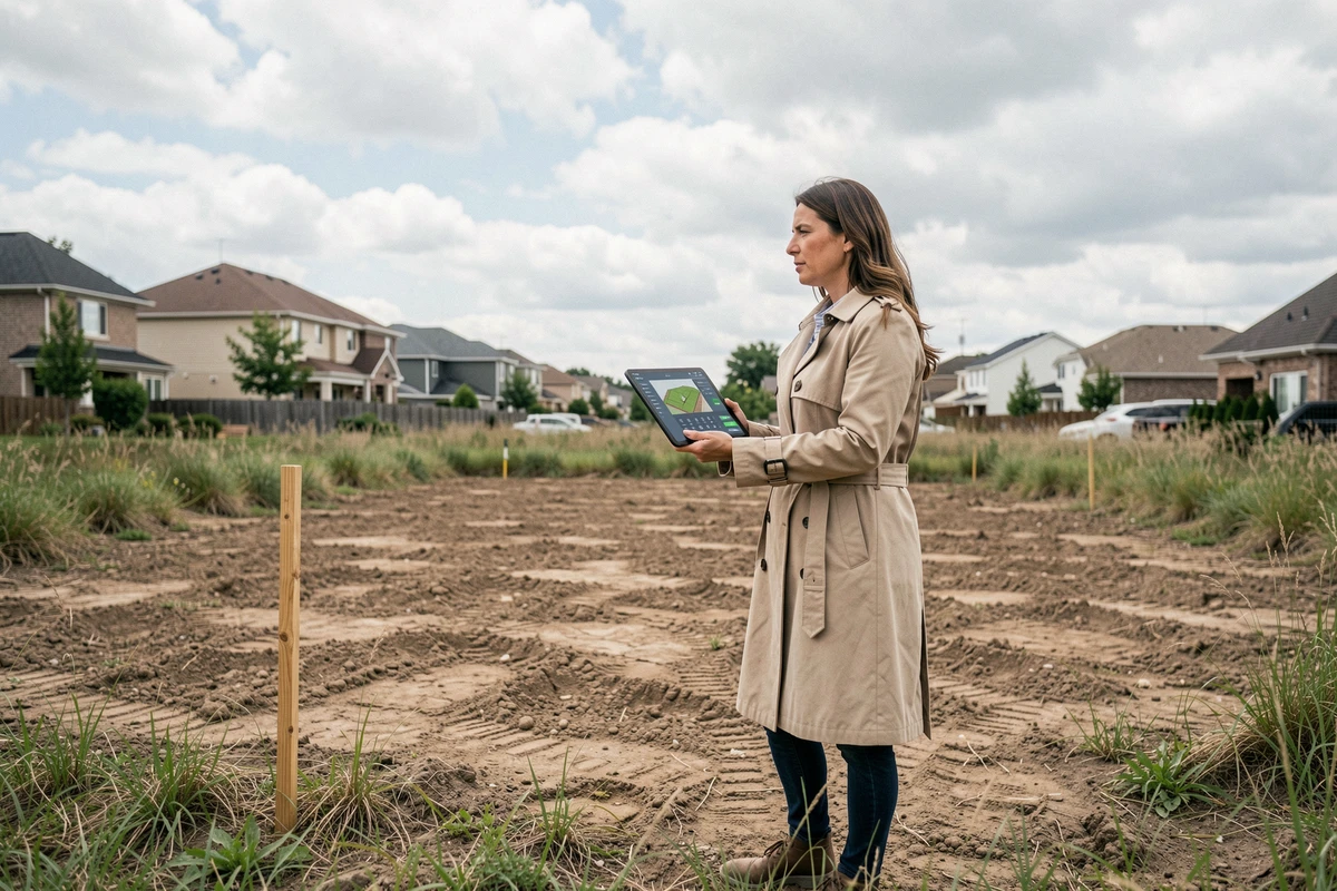 Femme sur un terrain vide consultant un simulateur d'emprise au sol sur tablette avant achat