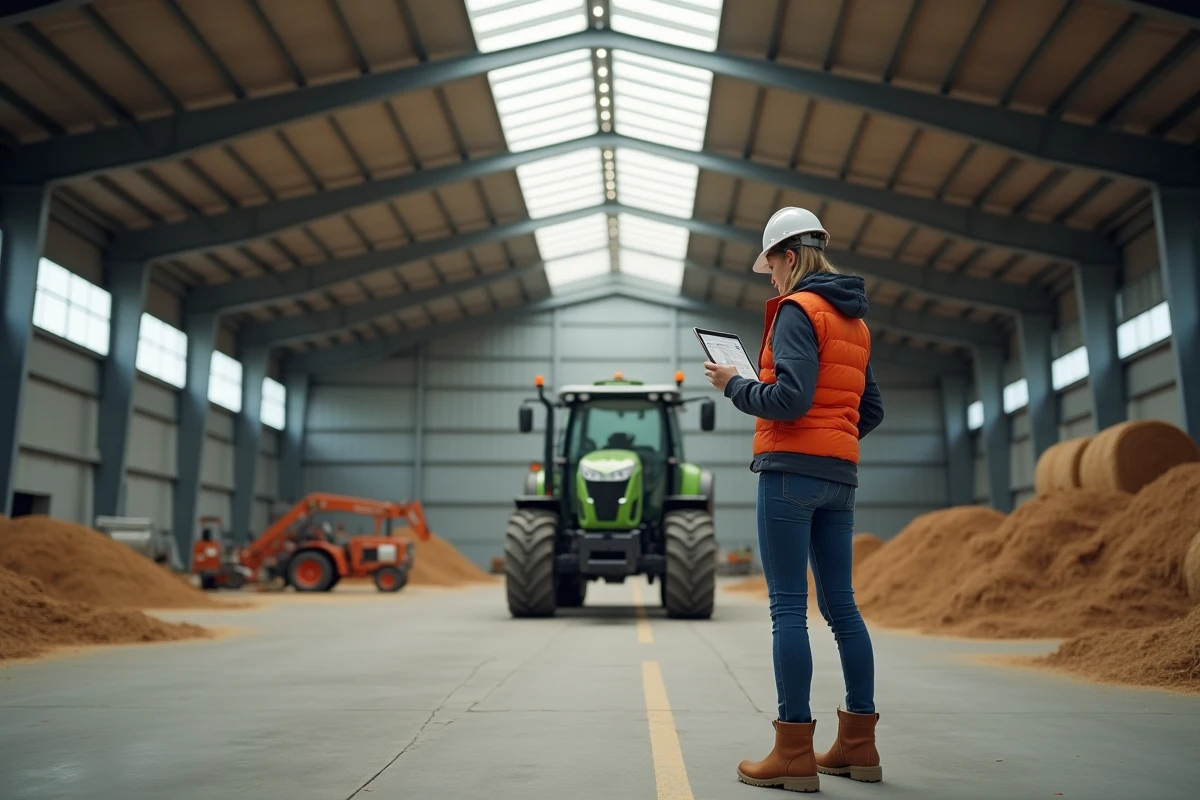 Agricultrice consultant un simulateur de coût sur tablette à l'intérieur d'un hangar agricole métallique équipé