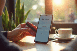 Smartphone affichant une application bancaire avec une personne souriante tenant une carte de debit dans un cafe lumineux