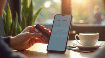 Smartphone affichant une application bancaire avec une personne souriante tenant une carte de debit dans un cafe lumineux