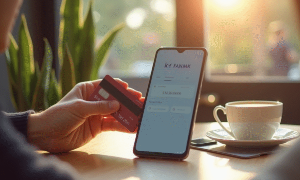 Smartphone affichant une application bancaire avec une personne souriante tenant une carte de debit dans un cafe lumineux