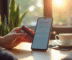 Smartphone affichant une application bancaire avec une personne souriante tenant une carte de debit dans un cafe lumineux