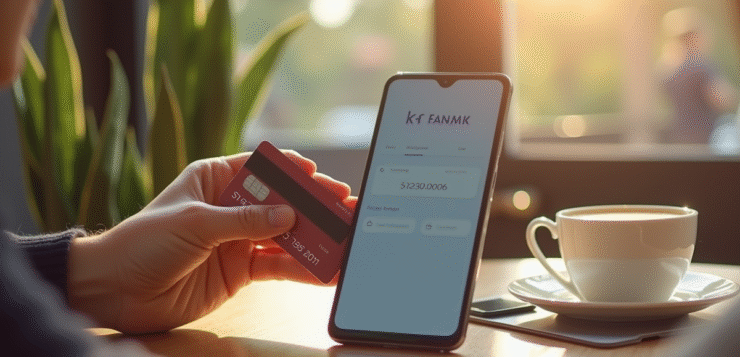 Smartphone affichant une application bancaire avec une personne souriante tenant une carte de debit dans un cafe lumineux