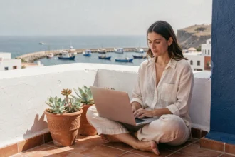 Télétravailler depuis une terrasse à Essaouira avec vue sur l'Atlantique et l'architecture traditionnelle marocaine