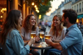 Groupe de collègues en terrasse de bar à l'île Verte Grenoble après le travail, verres de vin et bière artisanale, ambiance conviviale en soirée