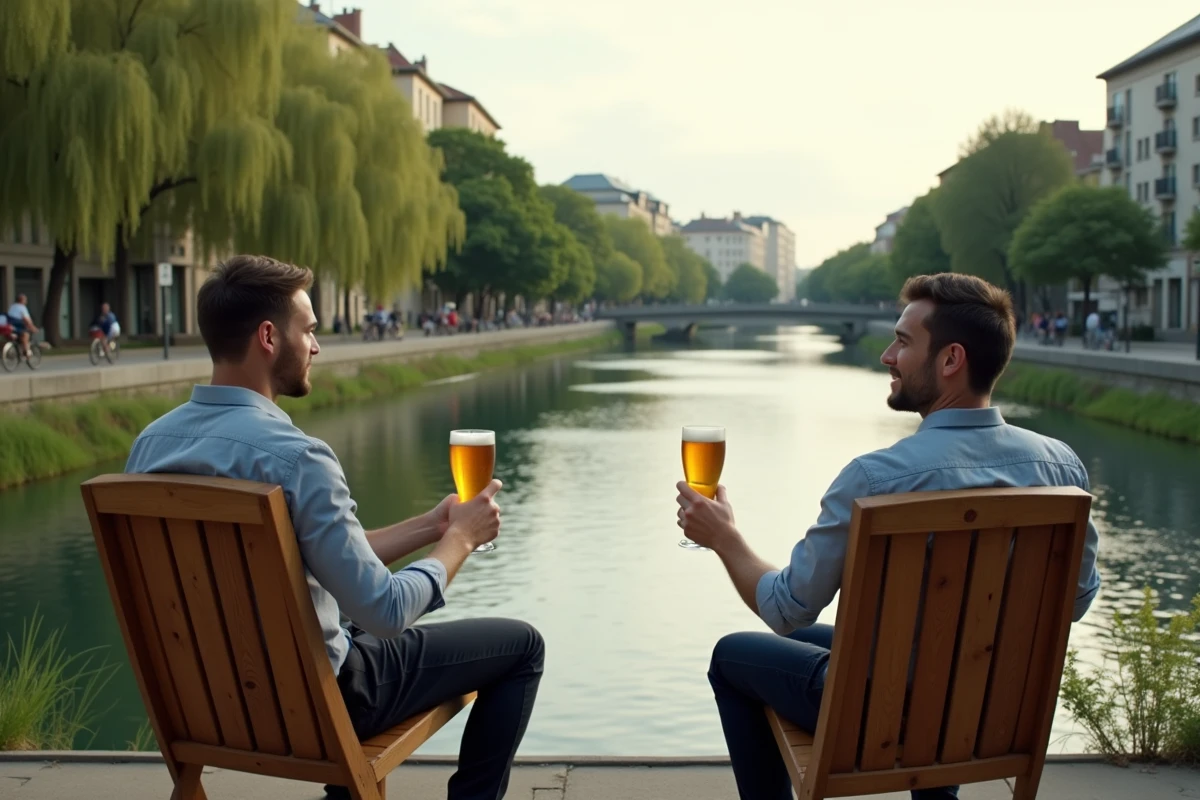 Deux collègues en terrasse au bord de l'eau dans le quartier de l'île Verte à Grenoble, bières artisanales et vue sur le canal, ambiance après-travail détendue