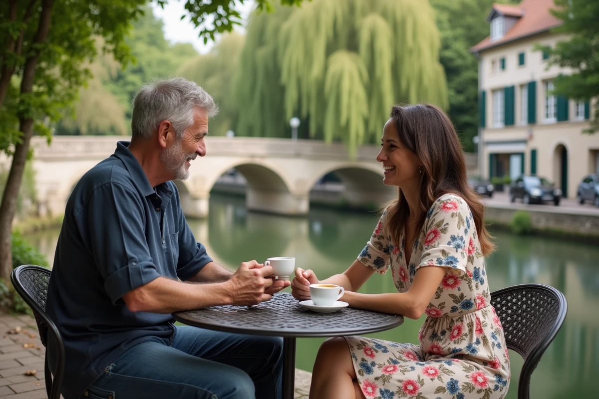 Couple en terrasse de café au bord de la Dordogne à Bergerac profitant d'un moment calme dans un quartier résidentiel animé