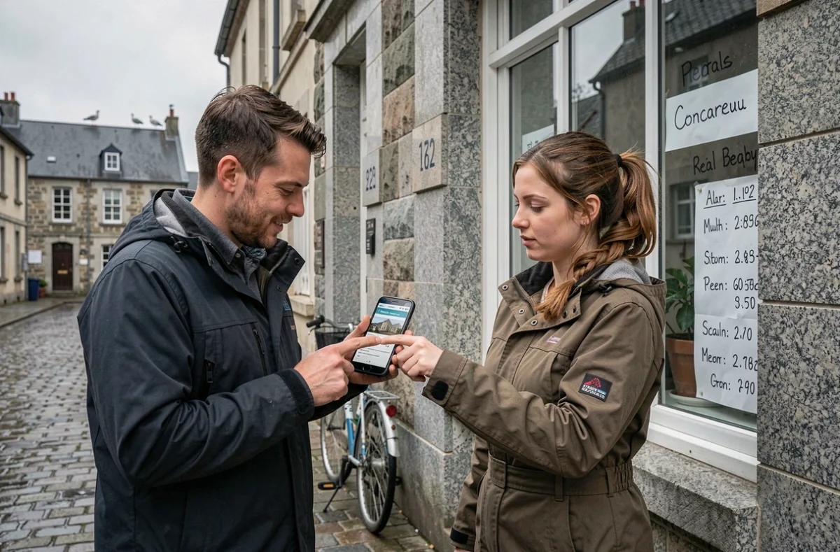 Deux travailleurs saisonniers cherchant un appartement en location dans une rue de Concarneau