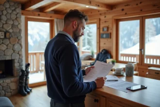 Propriétaire d'appartement aux Menuires examinant des documents de vente dans un intérieur alpin en bois