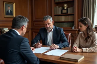 Couple en instance de divorce devant un notaire examinant les clauses de vente immobilière urgente à Nantes